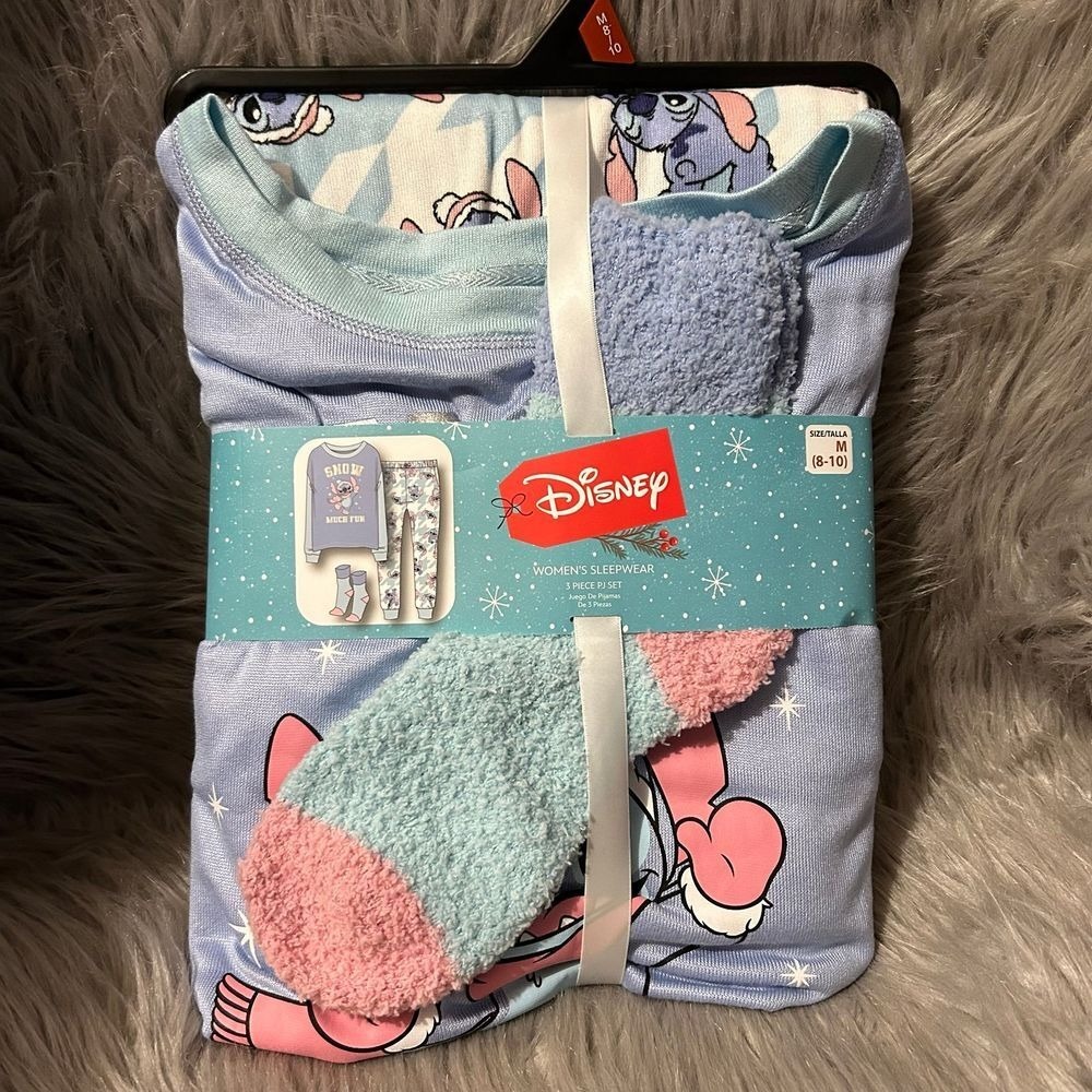 Disney Stitch 3 Piece Pajama Set Women Size Medium (8-10) Blue Pajamas Pjs Socks